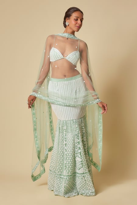 Shop_Masumi Mewawalla_Green Tulle, Silk Sequins, Beads, Embroidery Sweetheart Mint Mermaid Skirt Set _Online_at_Aza_Fashions