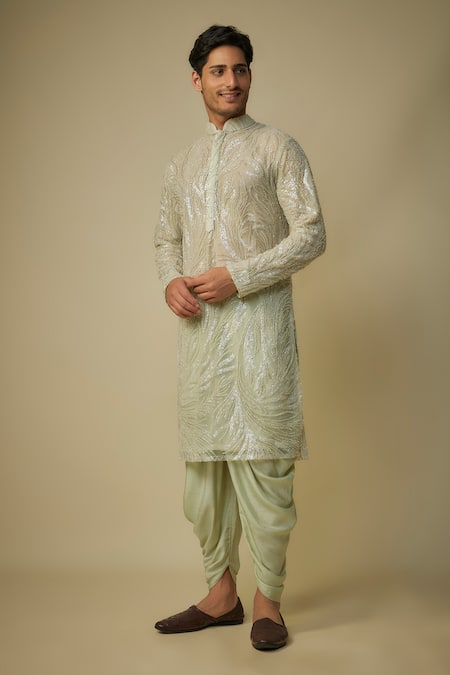 Masumi Mewawalla_Green Silk Satin, Linen Cut Work Sage Sequin Embroidered Kurta Set _Online_at_Aza_Fashions