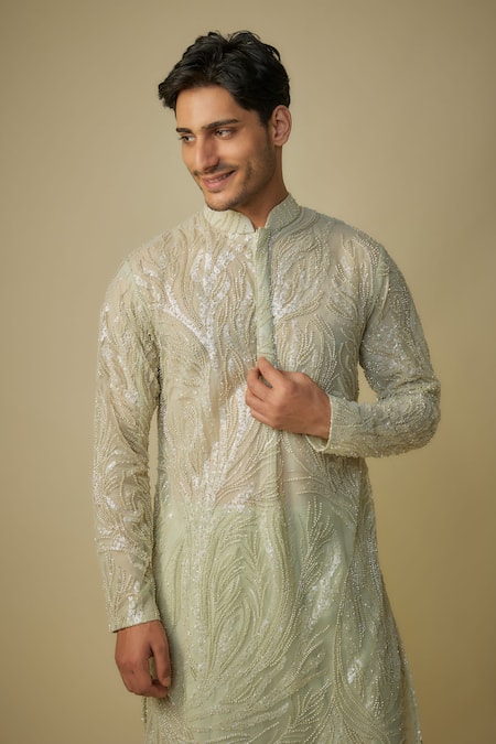 Buy_Masumi Mewawalla_Green Silk Satin, Linen Cut Work Sage Sequin Embroidered Kurta Set _Online_at_Aza_Fashions