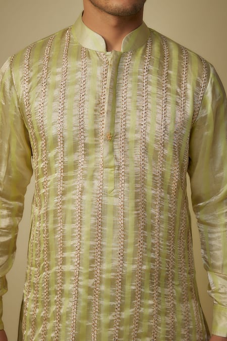 Masumi Mewawalla_Yellow Satin, Silk, Jacquard Embroidery Stripe Kurta Set _Online_at_Aza_Fashions