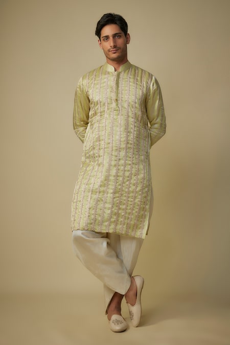 Shop_Masumi Mewawalla_Yellow Satin, Silk, Jacquard Embroidery Stripe Kurta Set _Online_at_Aza_Fashions