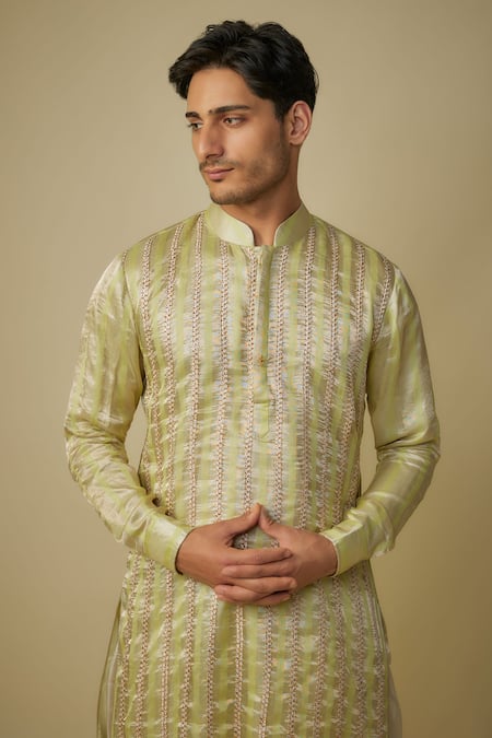Masumi Mewawalla_Yellow Satin, Silk, Jacquard Embroidery Stripe Kurta Set _at_Aza_Fashions