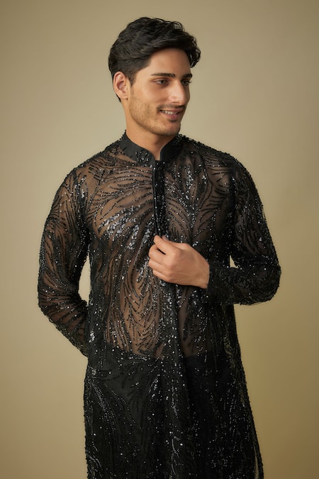 Buy_Masumi Mewawalla_Black Cotton, Silk, Maheshwari Sequins, Cut Work Embroidered Kurta And Pant Set _Online_at_Aza_Fashions