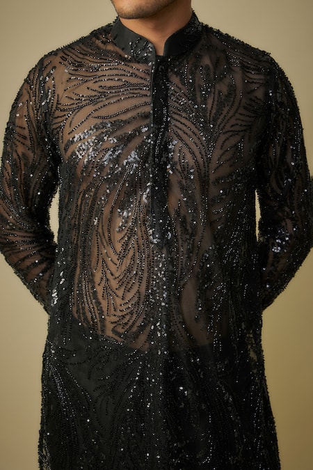 Shop_Masumi Mewawalla_Black Cotton, Silk, Maheshwari Sequins, Cut Work Embroidered Kurta And Pant Set _Online_at_Aza_Fashions