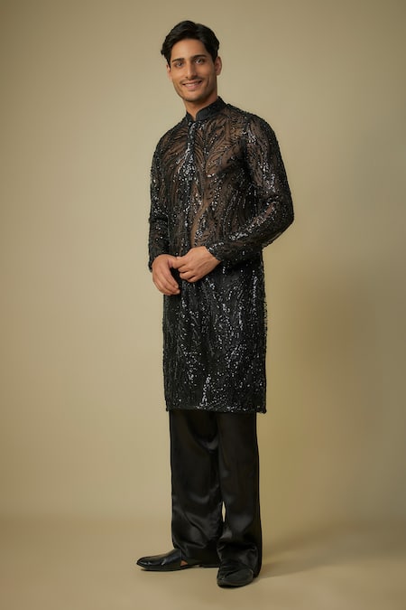 Masumi Mewawalla_Black Cotton, Silk, Maheshwari Sequins, Cut Work Embroidered Kurta And Pant Set _at_Aza_Fashions