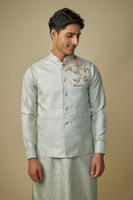 Masumi Mewawalla_Green Jacquard, Maheshwari, Silk Embroidery, Sequins, Zardozi Bundi And Kurta Set _Online_at_Aza_Fashions