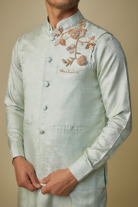 Buy_Masumi Mewawalla_Green Jacquard, Maheshwari, Silk Embroidery, Sequins, Zardozi Bundi And Kurta Set _Online_at_Aza_Fashions