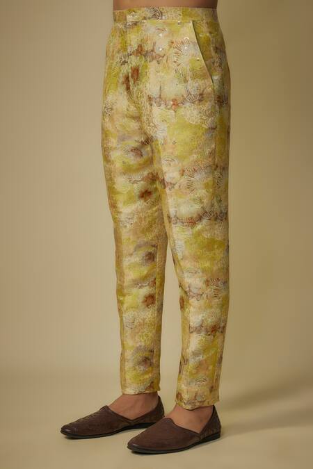 Shop Masumi Mewawalla Yellow Satin, Silk, Jacquard Embroidery Floral Woven Kurta And Pant Set Online at Aza Fashions Shop_Masumi Mewawalla_Yellow Satin, Silk, Jacquard Embroidery Floral Woven Kurta And Pant Set _Online_at_Aza_Fashions