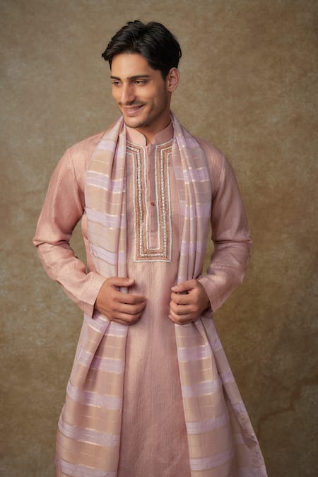 Shop_Masumi Mewawalla_Peach Tissue, Chiffon Cut Work Crystal Cutdana Embroidered Kurta Set _Online_at_Aza_Fashions