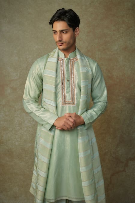 Shop Masumi Mewawalla Green Tissue Sequins Embroidered Sage Kurta Set Online at Aza Fashions Shop_Masumi Mewawalla_Green Tissue Sequins Embroidered Sage Kurta Set _Online_at_Aza_Fashions