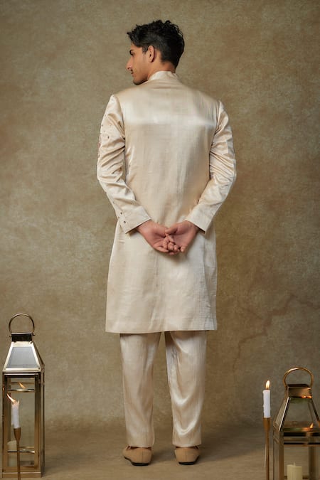 Shop Masumi Mewawalla Beige Silk, Cotton Cut Work, Sequins, Zari Embroidered Sherwani And Pant Set at Aza Fashions Shop_Masumi Mewawalla_Beige Silk, Cotton Cut Work, Sequins, Zari Embroidered Sherwani And Pant Set _at_Aza_Fashions