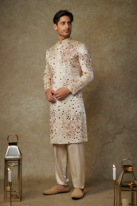 Buy Masumi Mewawalla Beige Silk, Cotton Cut Work, Sequins, Zari Embroidered Sherwani And Pant Set Online at Aza Fashions Buy_Masumi Mewawalla_Beige Silk, Cotton Cut Work, Sequins, Zari Embroidered Sherwani And Pant Set _Online_at_Aza_Fashions