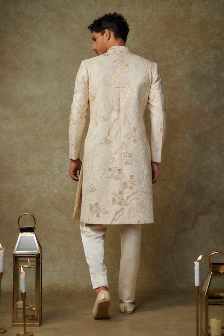 Shop Masumi Mewawalla Beige Maheshwari, Jacquard, Silk Cut Work, Paisley Embroidered Sherwani Set at Aza Fashions Shop_Masumi Mewawalla_Beige Maheshwari, Jacquard, Silk Cut Work, Paisley Embroidered Sherwani Set _at_Aza_Fashions