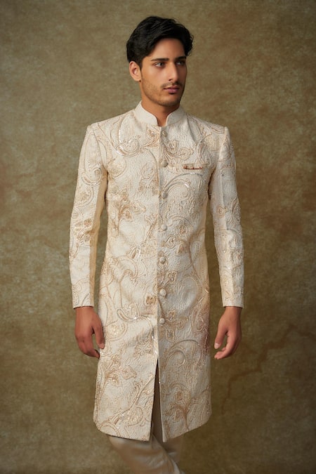 Masumi Mewawalla Beige Maheshwari, Jacquard, Silk Cut Work, Paisley Embroidered Sherwani Set Online at Aza Fashions Masumi Mewawalla_Beige Maheshwari, Jacquard, Silk Cut Work, Paisley Embroidered Sherwani Set _Online_at_Aza_Fashions