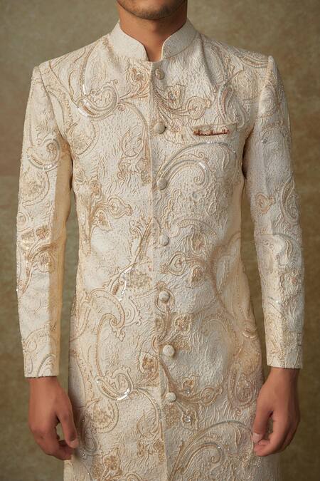 Buy Masumi Mewawalla Beige Maheshwari, Jacquard, Silk Cut Work, Paisley Embroidered Sherwani Set Online at Aza Fashions Buy_Masumi Mewawalla_Beige Maheshwari, Jacquard, Silk Cut Work, Paisley Embroidered Sherwani Set _Online_at_Aza_Fashions