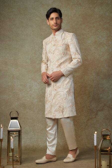 Masumi Mewawalla Beige Maheshwari, Jacquard, Silk Cut Work, Paisley Embroidered Sherwani Set at Aza Fashions Masumi Mewawalla_Beige Maheshwari, Jacquard, Silk Cut Work, Paisley Embroidered Sherwani Set _at_Aza_Fashions