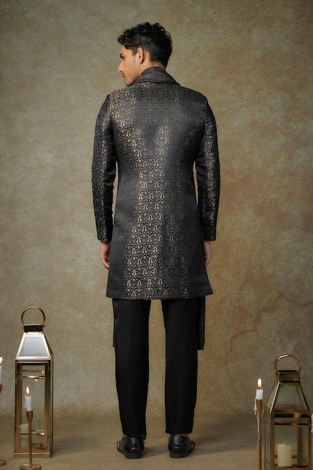 Shop Masumi Mewawalla Black Maheshwari, Silk, Cotton Cut Work, Mughal Embroidered Sherwani And Pant Set at Aza Fashions Shop_Masumi Mewawalla_Black Maheshwari, Silk, Cotton Cut Work, Mughal Embroidered Sherwani And Pant Set _at_Aza_Fashions