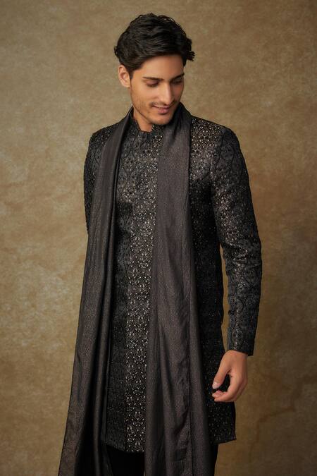 Masumi Mewawalla Black Maheshwari, Silk, Cotton Cut Work, Mughal Embroidered Sherwani And Pant Set Online at Aza Fashions Masumi Mewawalla_Black Maheshwari, Silk, Cotton Cut Work, Mughal Embroidered Sherwani And Pant Set _Online_at_Aza_Fashions