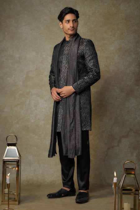 Buy Masumi Mewawalla Black Maheshwari, Silk, Cotton Cut Work, Mughal Embroidered Sherwani And Pant Set Online at Aza Fashions Buy_Masumi Mewawalla_Black Maheshwari, Silk, Cotton Cut Work, Mughal Embroidered Sherwani And Pant Set _Online_at_Aza_Fashions