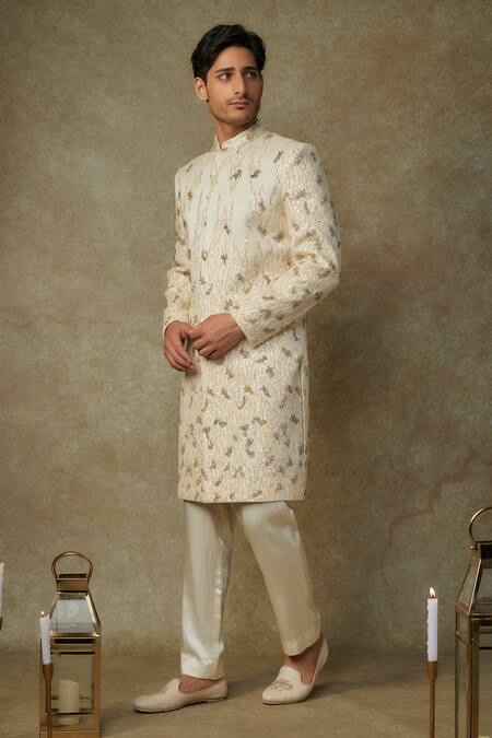Masumi Mewawalla_Yellow Silk, Linen Sequins, Embroidery Butter Sherwani Set _Online_at_Aza_Fashions