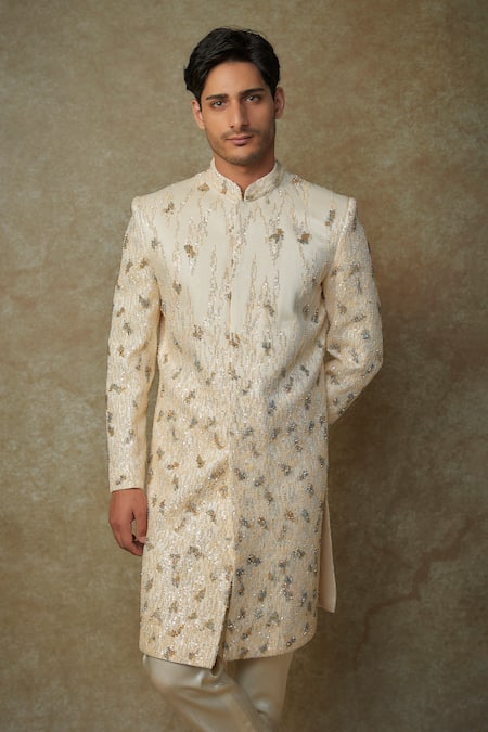 Shop_Masumi Mewawalla_Yellow Silk, Linen Sequins, Embroidery Butter Sherwani Set _Online_at_Aza_Fashions