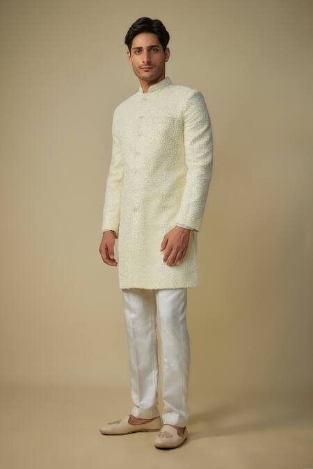 Masumi Mewawalla_White Viscose, Linen Embroidery, Cut Work Cutdana Sherwani Set _Online_at_Aza_Fashions