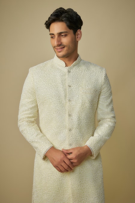 Buy_Masumi Mewawalla_White Viscose, Linen Embroidery, Cut Work Cutdana Sherwani Set _Online_at_Aza_Fashions