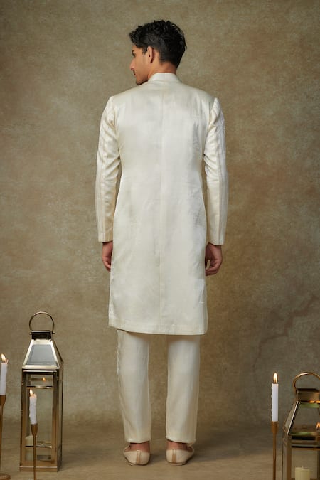 Shop_Masumi Mewawalla_Beige Silk Crystals, Cut Work Embroidered Sherwani Set _at_Aza_Fashions