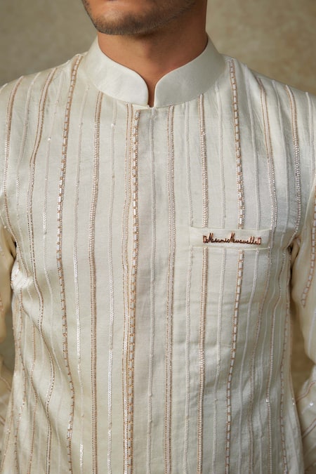 Masumi Mewawalla_Beige Silk Crystals, Cut Work Embroidered Sherwani Set _at_Aza_Fashions