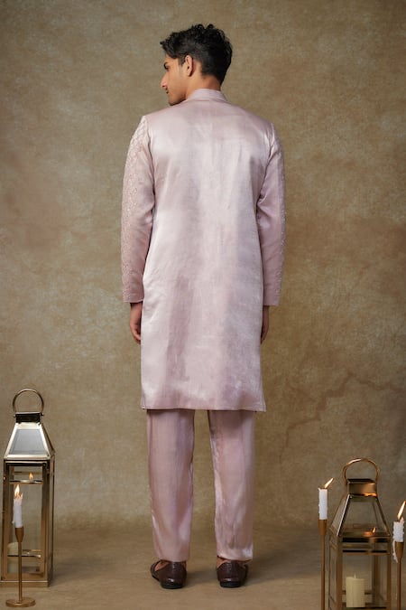 Shop_Masumi Mewawalla_Pink Silk, Maheshwari Sequins, Beads, Embroidery Checkered Sherwani Set _at_Aza_Fashions
