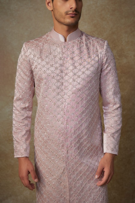 Masumi Mewawalla_Pink Silk, Maheshwari Sequins, Beads, Embroidery Checkered Sherwani Set _Online_at_Aza_Fashions