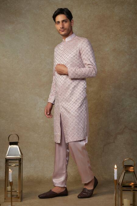 Buy_Masumi Mewawalla_Pink Silk, Maheshwari Sequins, Beads, Embroidery Checkered Sherwani Set _Online_at_Aza_Fashions