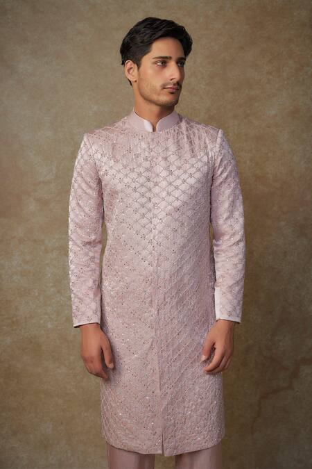 Shop_Masumi Mewawalla_Pink Silk, Maheshwari Sequins, Beads, Embroidery Checkered Sherwani Set _Online_at_Aza_Fashions