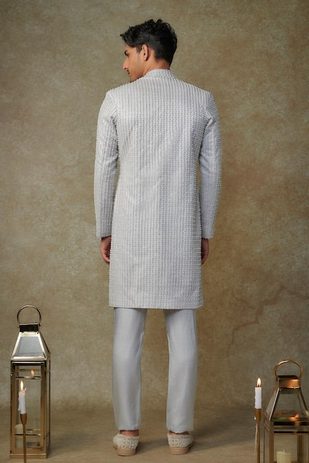 Shop Masumi Mewawalla Gray Silk, Linen Cut Work, Sequins Cutdana Stripe Embroidered Sherwani Set at Aza Fashions Shop_Masumi Mewawalla_Gray Silk, Linen Cut Work, Sequins Cutdana Stripe Embroidered Sherwani Set _at_Aza_Fashions