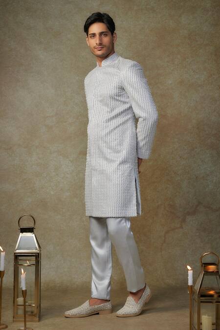 Masumi Mewawalla Gray Silk, Linen Cut Work, Sequins Cutdana Stripe Embroidered Sherwani Set Online at Aza Fashions Masumi Mewawalla_Gray Silk, Linen Cut Work, Sequins Cutdana Stripe Embroidered Sherwani Set _Online_at_Aza_Fashions