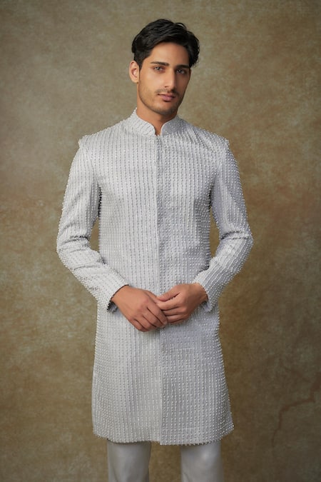 Shop Masumi Mewawalla Gray Silk, Linen Cut Work, Sequins Cutdana Stripe Embroidered Sherwani Set Online at Aza Fashions Shop_Masumi Mewawalla_Gray Silk, Linen Cut Work, Sequins Cutdana Stripe Embroidered Sherwani Set _Online_at_Aza_Fashions