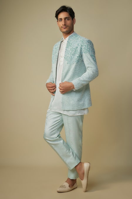 Masumi Mewawalla_Blue Satin, Organza, Jacquard Cut Work Cutdana Embroidered Jacket And Pant Set _Online_at_Aza_Fashions