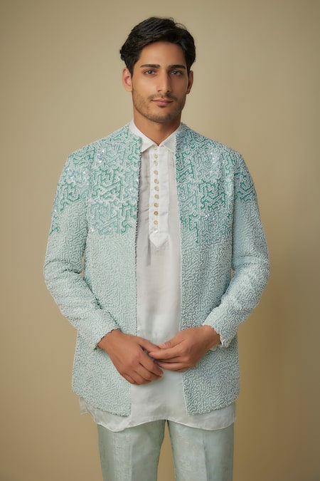 Buy_Masumi Mewawalla_Blue Satin, Organza, Jacquard Cut Work Cutdana Embroidered Jacket And Pant Set _Online_at_Aza_Fashions