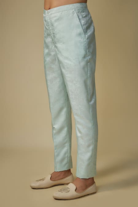 Masumi Mewawalla_Blue Satin, Organza, Jacquard Cut Work Cutdana Embroidered Jacket And Pant Set _at_Aza_Fashions