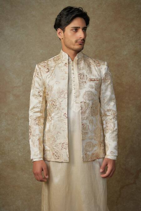 Buy_Masumi Mewawalla_Beige Silk, Cotton Embroidery Bloom Woven Jacket And Pant Set _Online_at_Aza_Fashions