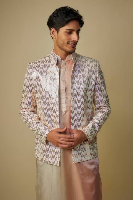 Buy_Masumi Mewawalla_Pink Tissue, Linen Sequins Embroidered Jacket And Pant Set _Online_at_Aza_Fashions