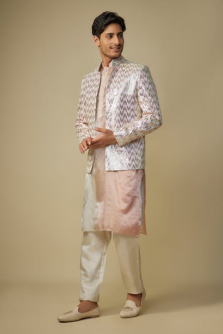 Shop_Masumi Mewawalla_Pink Tissue, Linen Sequins Embroidered Jacket And Pant Set _Online_at_Aza_Fashions