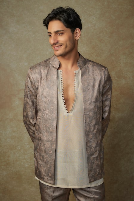 Masumi Mewawalla_Gray Tissue, Linen Embroidery Doodle Bloom Jacket And Pant Set _Online_at_Aza_Fashions