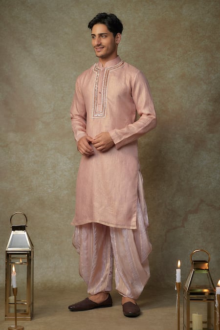 Masumi Mewawalla Peach Tissue, Linen Embroidery Placket Kurta And Striped Dhoti Set Online at Aza Fashions Masumi Mewawalla_Peach Tissue, Linen Embroidery Placket Kurta And Striped Dhoti Set _Online_at_Aza_Fashions