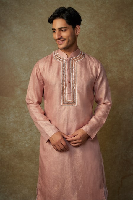 Buy Masumi Mewawalla Peach Tissue, Linen Embroidery Placket Kurta And Striped Dhoti Set Online at Aza Fashions Buy_Masumi Mewawalla_Peach Tissue, Linen Embroidery Placket Kurta And Striped Dhoti Set _Online_at_Aza_Fashions