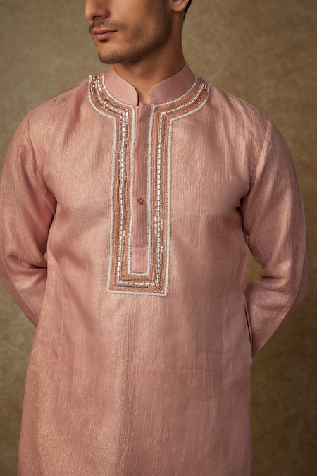 Shop Masumi Mewawalla Peach Tissue, Linen Embroidery Placket Kurta And Striped Dhoti Set Online at Aza Fashions Shop_Masumi Mewawalla_Peach Tissue, Linen Embroidery Placket Kurta And Striped Dhoti Set _Online_at_Aza_Fashions