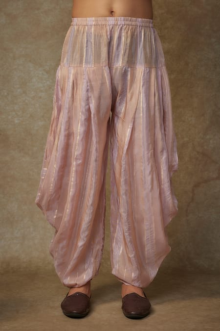 Masumi Mewawalla Peach Tissue, Linen Embroidery Placket Kurta And Striped Dhoti Set at Aza Fashions Masumi Mewawalla_Peach Tissue, Linen Embroidery Placket Kurta And Striped Dhoti Set _at_Aza_Fashions