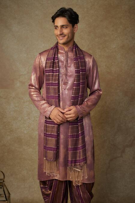 Masumi Mewawalla Wine Tissue Embroidery, Foil Printing Bloom Woven Kurta And Dhoti Set Online at Aza Fashions Masumi Mewawalla_Wine Tissue Embroidery, Foil Printing Bloom Woven Kurta And Dhoti Set _Online_at_Aza_Fashions