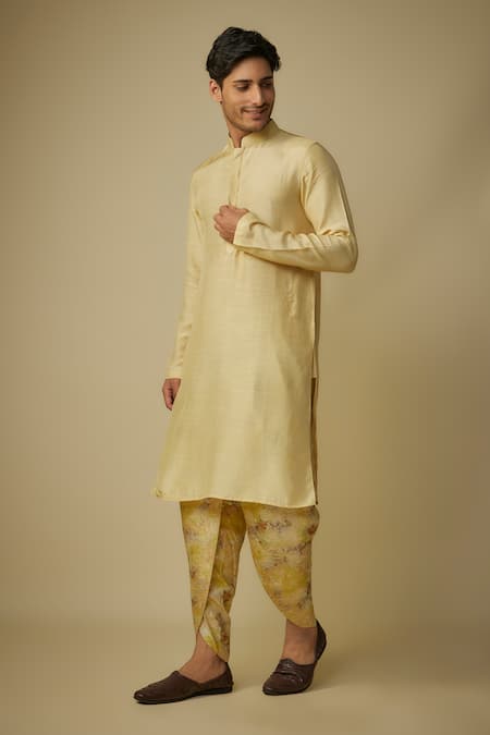 Masumi Mewawalla_Yellow Satin, Silk, Jacquard Solid Kurta Set With Dhoti _Online_at_Aza_Fashions