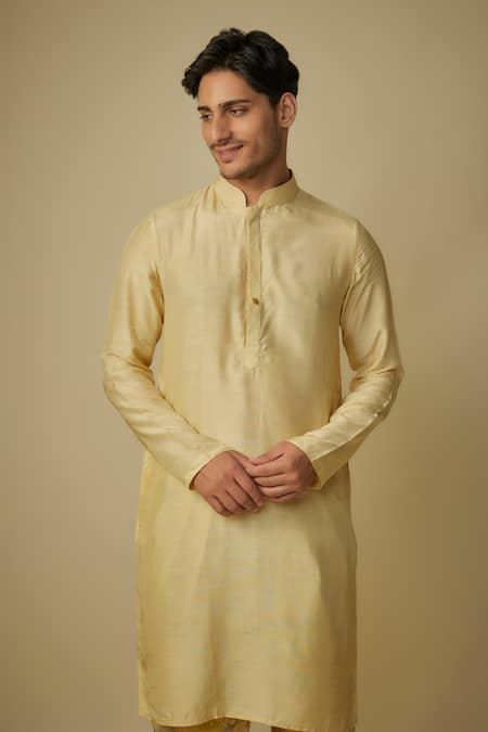 Buy_Masumi Mewawalla_Yellow Satin, Silk, Jacquard Solid Kurta Set With Dhoti _Online_at_Aza_Fashions